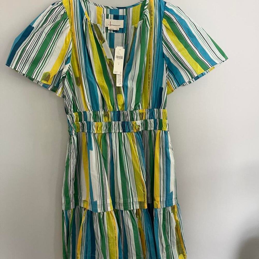 By Anthropologie Striped Puff Sleeve Tiered Dress NWT Size Medium